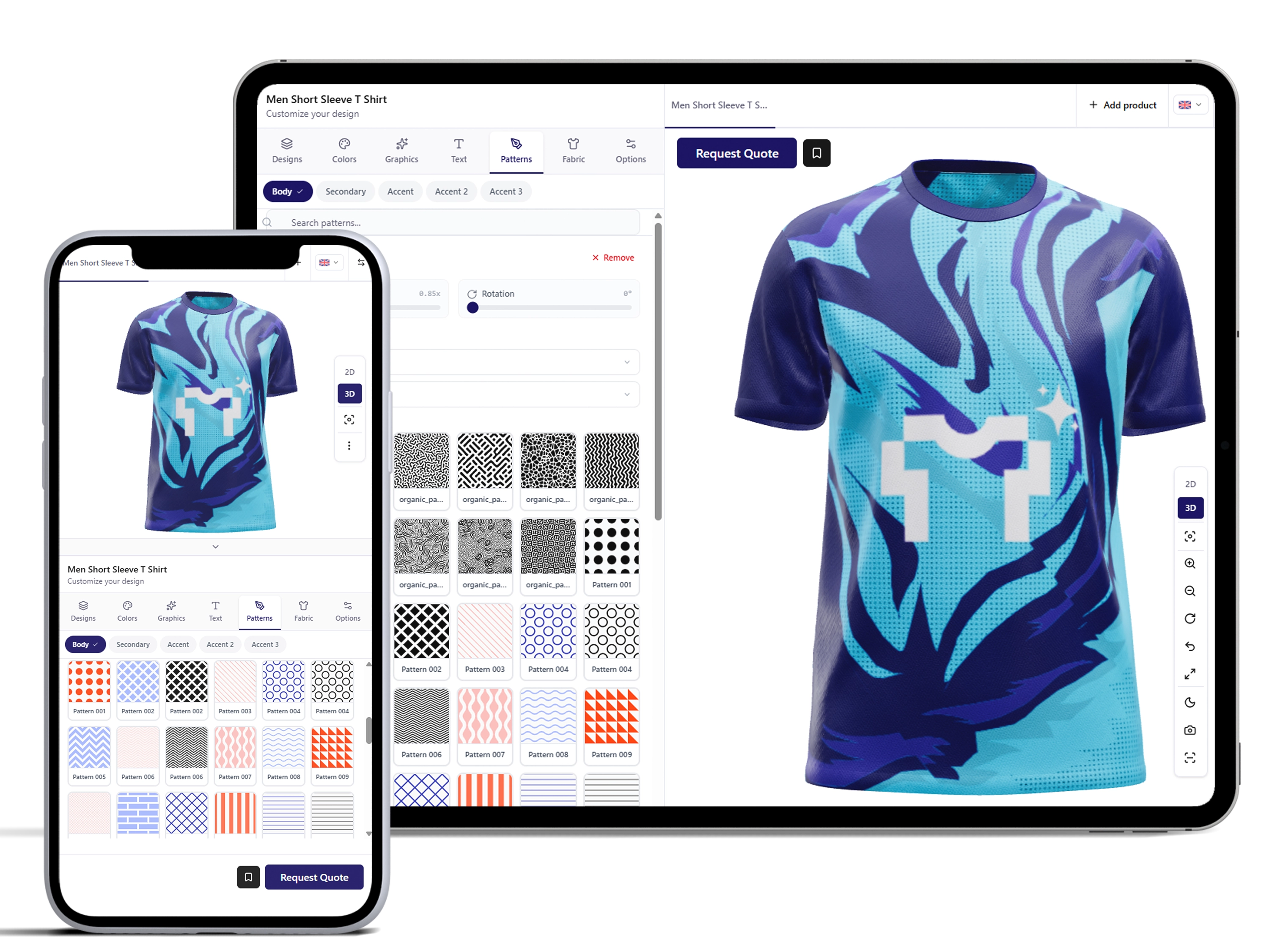 Print-on-demand customizer — customer design previewed on a photorealistic avatar model