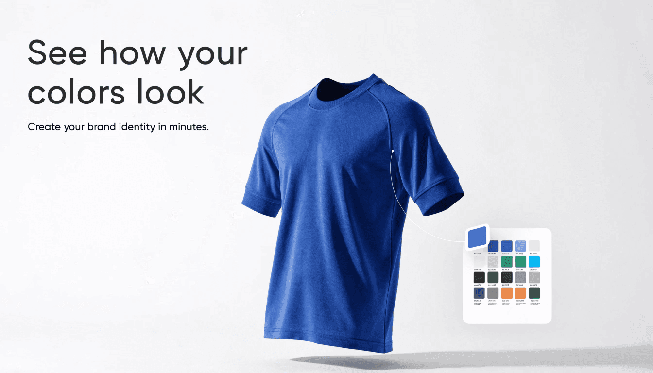 Blue t-shirt connected to a Pantone-style color palette panel used to choose the exact shade.