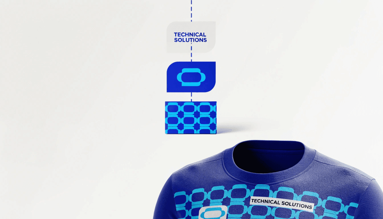 Stacked design layers — a pattern, a logo shape, and a text label — reordered above a sweatshirt showing the combined result.
