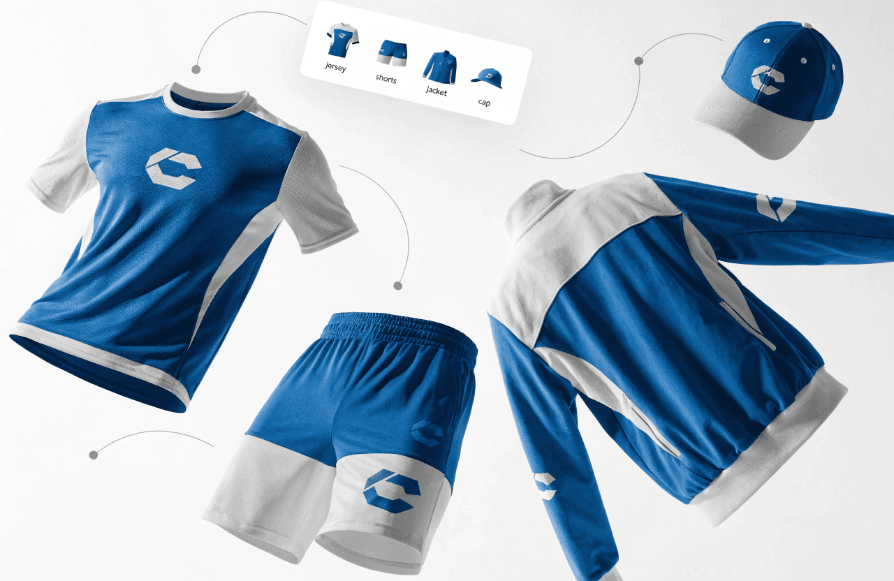 Matching jersey, shorts, jacket, and cap customized with the same logo and colors in a single multi-product session.
