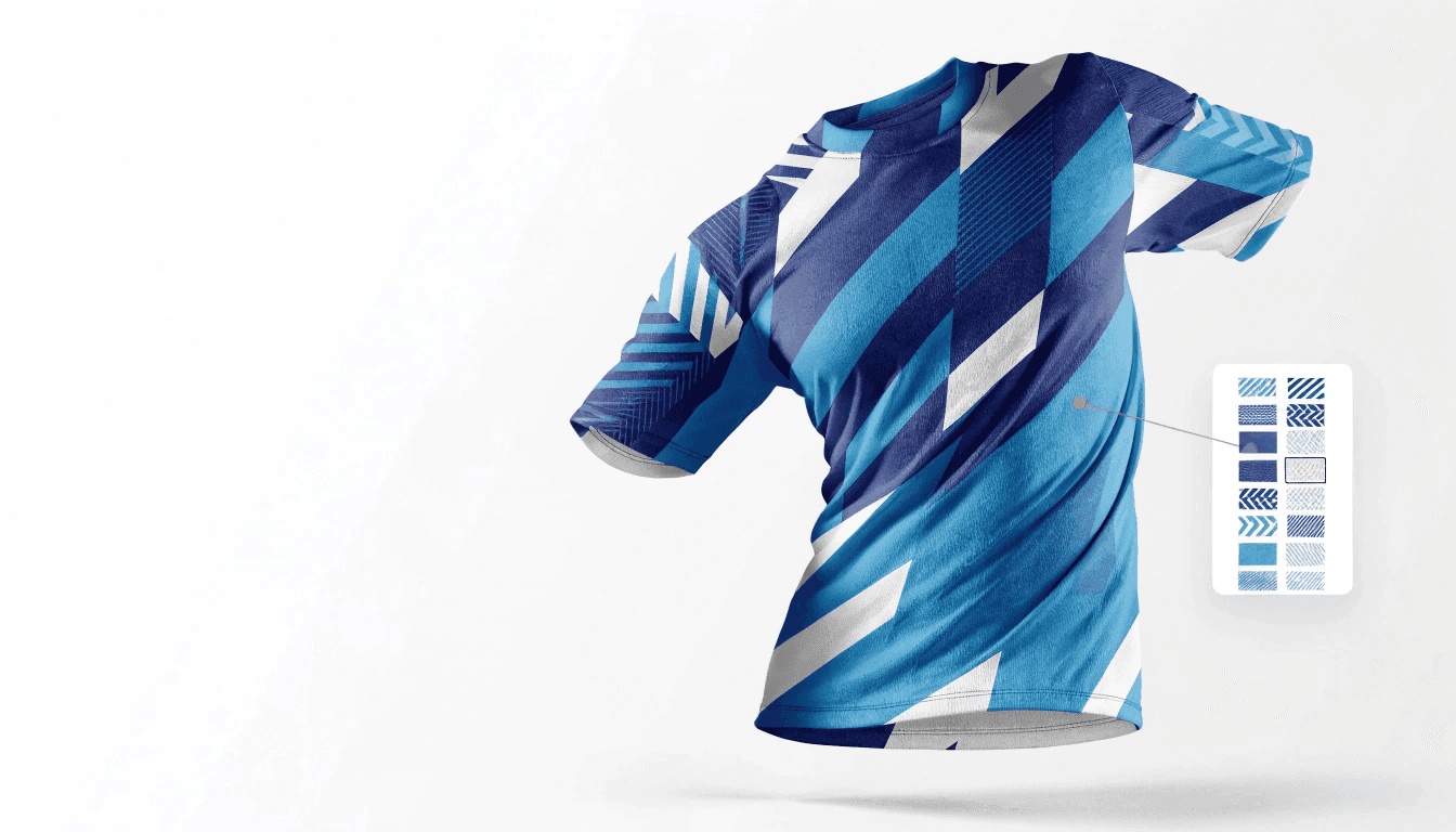 Jersey wrapped in a geometric pattern next to a panel of selectable patterns and textures from the library.