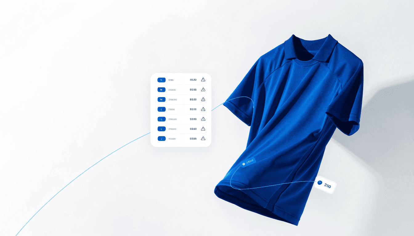 Define product variants, size charts, pricing rules, and production constraints per product — all managed from one interface.