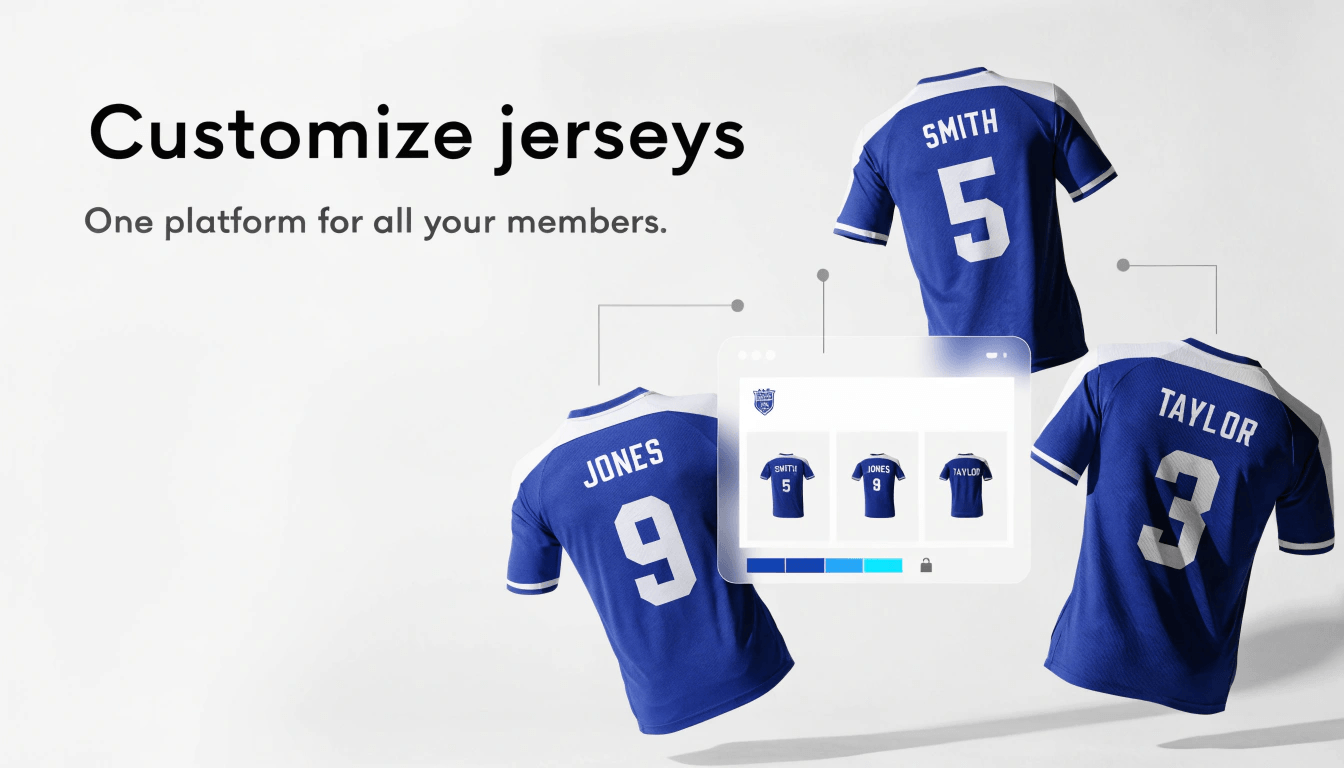 Three team jerseys personalized with player names and numbers next to a branded team store storefront panel.