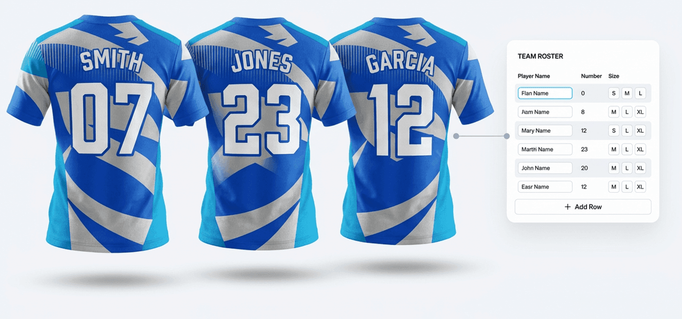 Team roster customizer — squad names, numbers, and sizes collected in the sportswear configurator