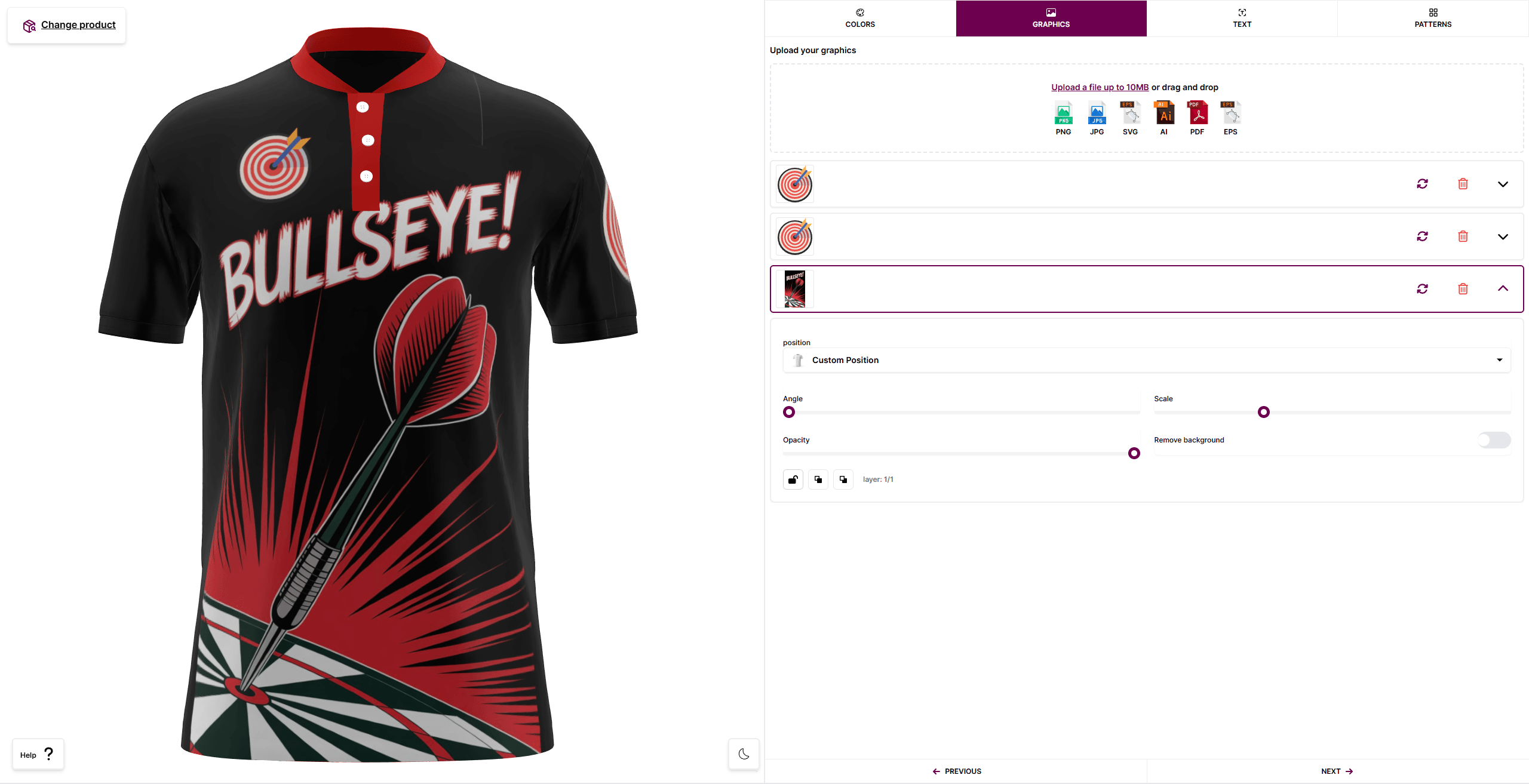 Dart shirt product configuration page showing 3D model preview, product details, and settings