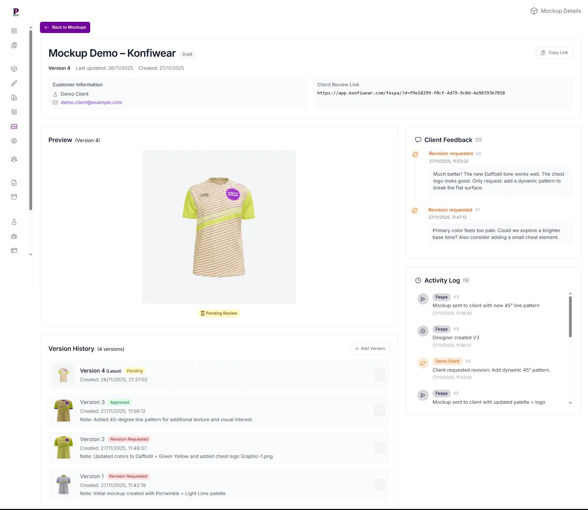 Mockup detail view showing versions, activity log, and metadata