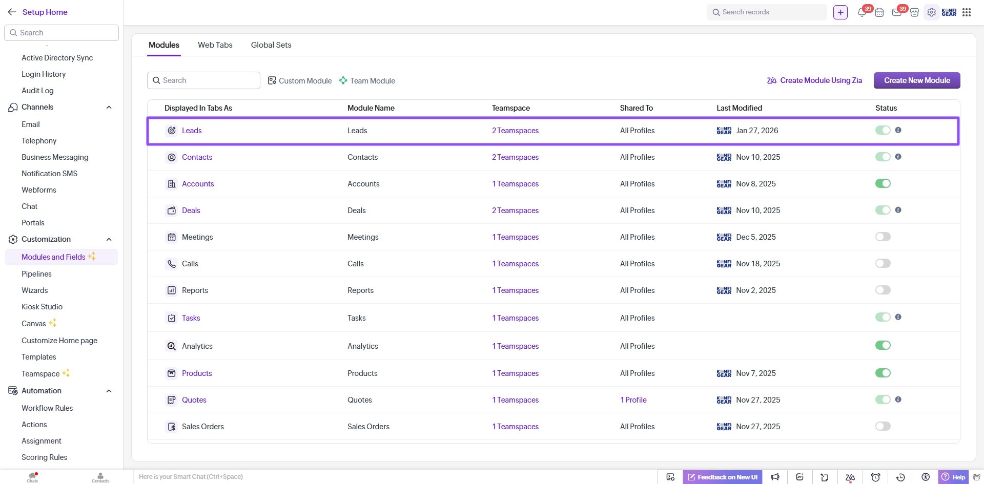 Zoho CRM Leads Module Settings