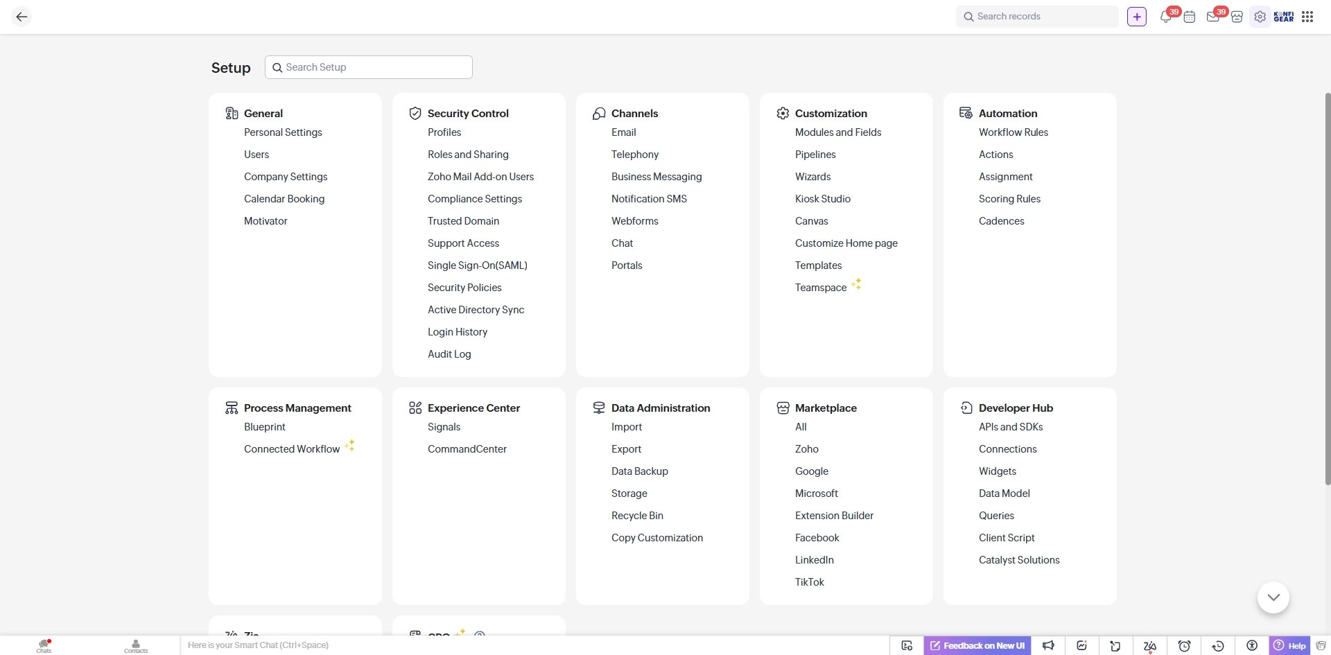 Zoho CRM Settings Page