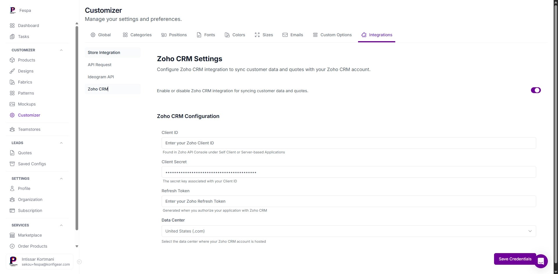 Konfiwear Zoho CRM Settings Page