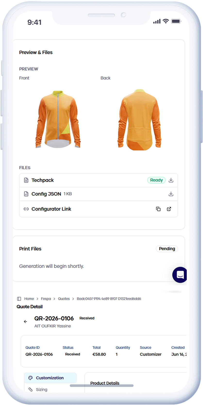 Automatically generated print-ready production files from a Konfiwear order