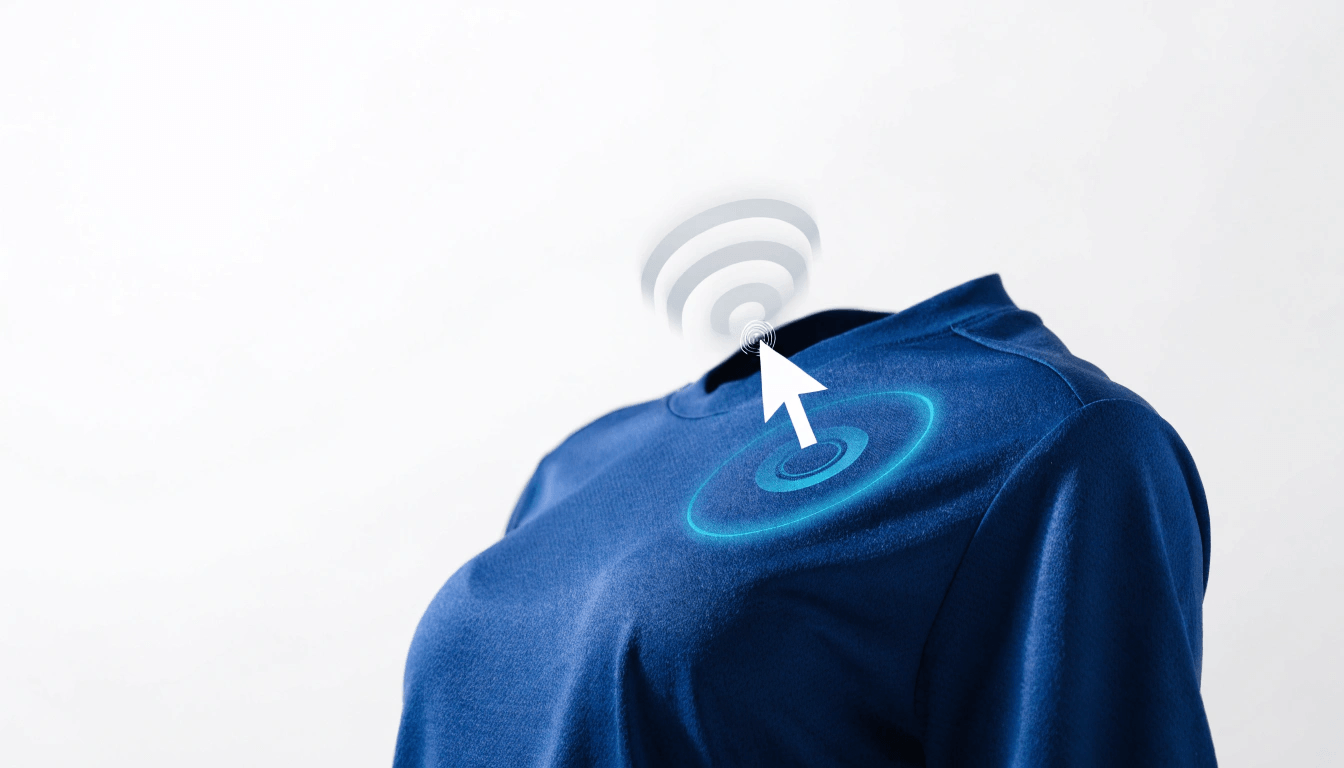 Cursor clicking on a garment's shoulder in the 3D customizer, with radiating rings showing a graphic snapping into place.