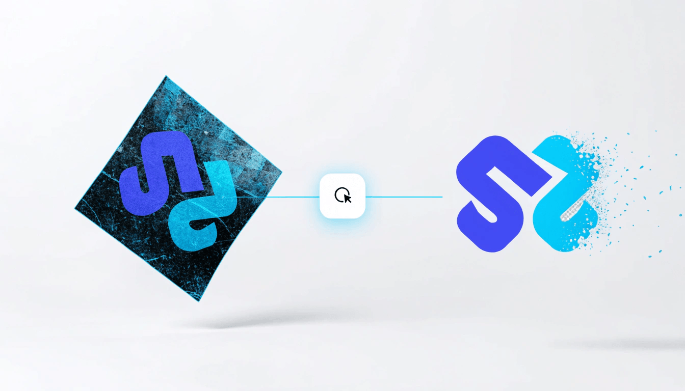 A logo on a busy textured background transforming into a clean, background-free cutout after one-click AI removal.