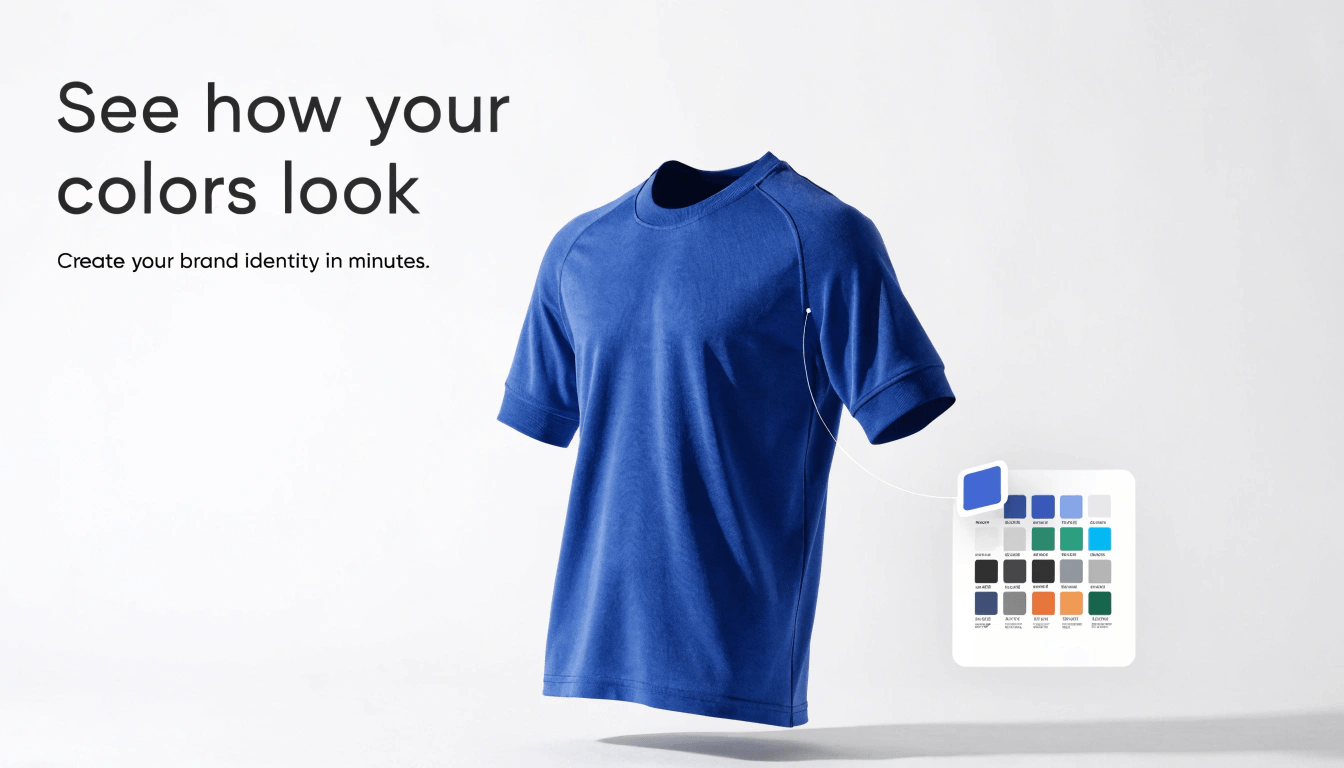 Blue t-shirt connected to a Pantone-style color palette panel used to choose the exact shade.