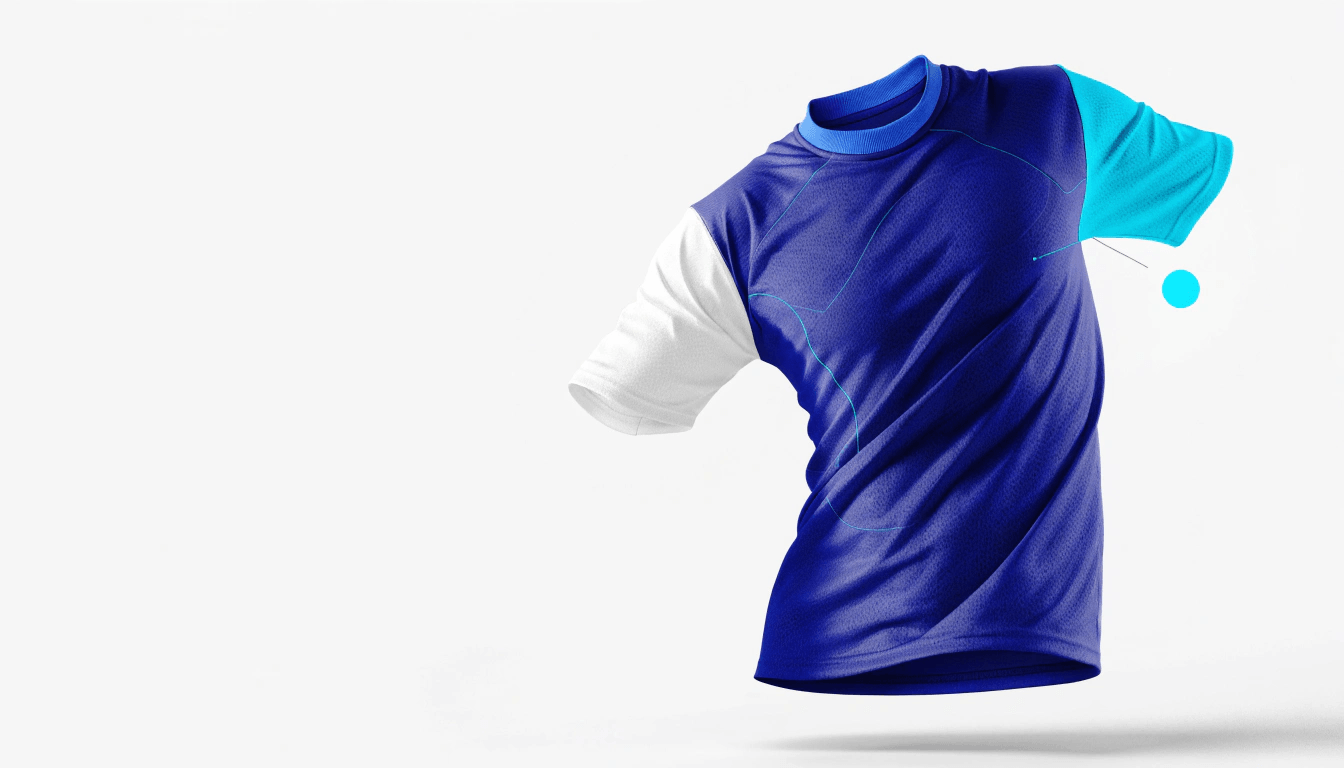 T-shirt with independently colored zones — navy body, white sleeve, and teal sleeve — linked to a color picker.