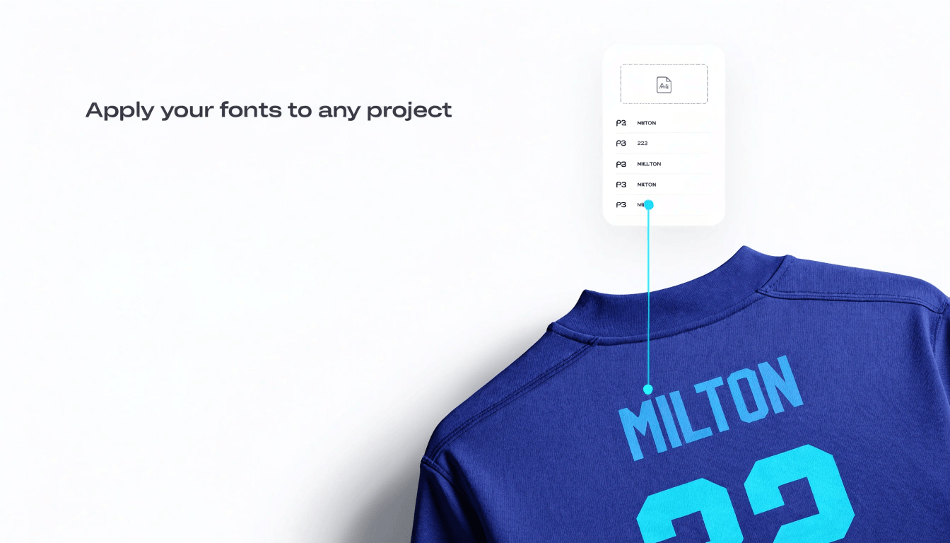 Sweatshirt printed with a name and number in a custom uploaded font, next to a panel listing uploaded fonts.