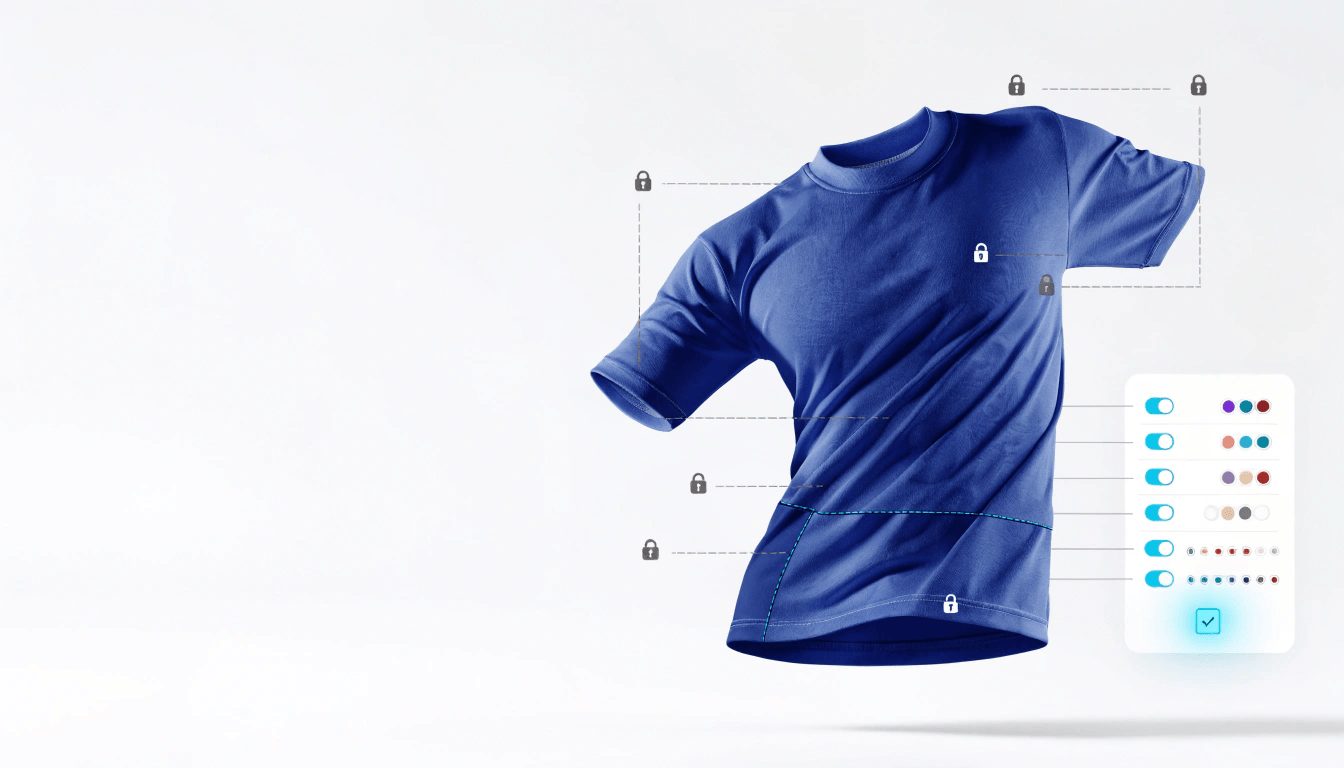 Configure every aspect of a product — zones, available colors, allowed graphics, default designs — before publishing to your store.