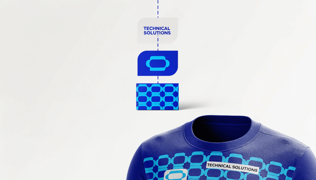 Stacked design layers — a pattern, a logo shape, and a text label — reordered above a sweatshirt showing the combined result.
