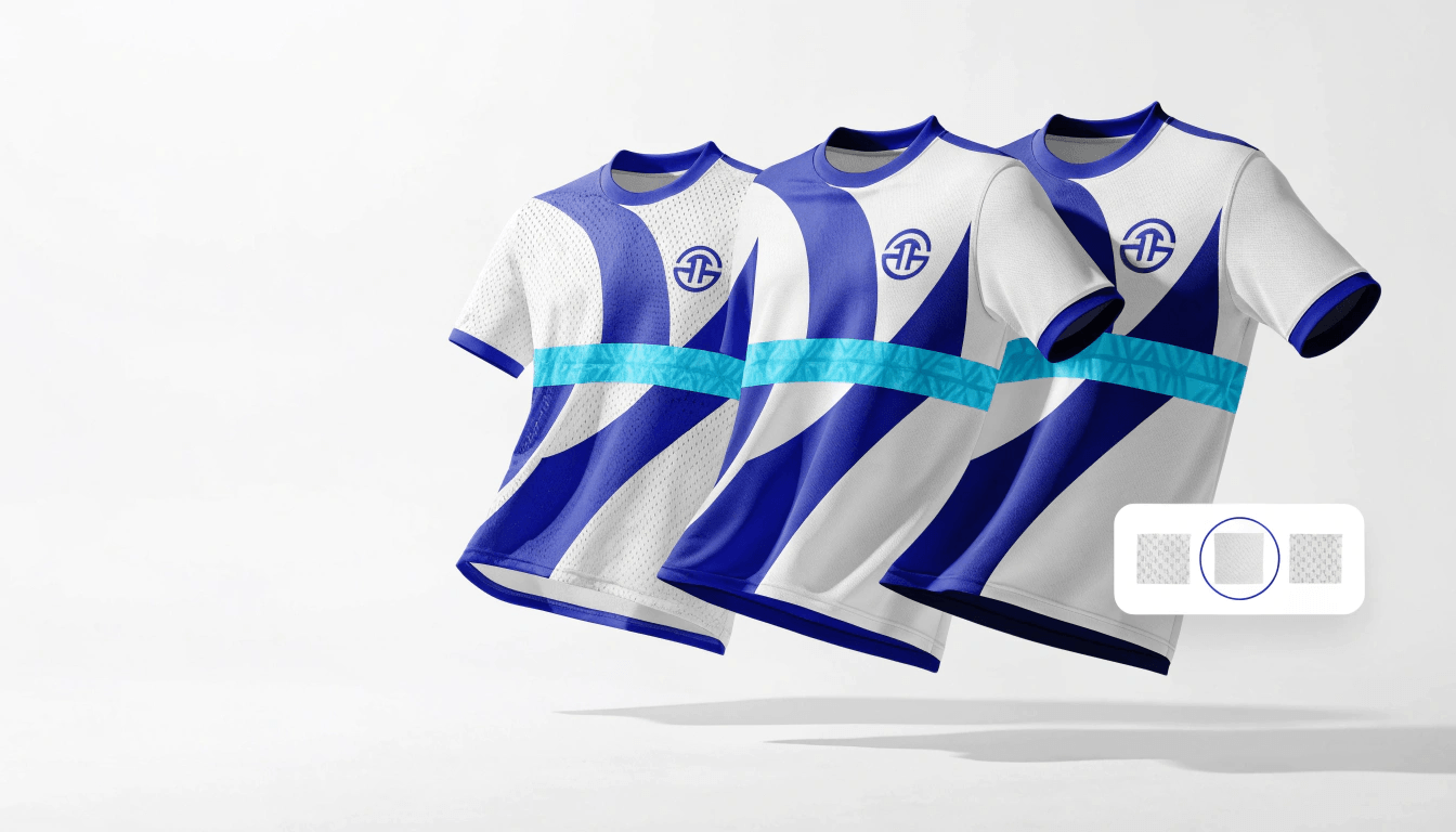 Three identical jerseys shown with different fabric textures selected from a swatch picker.