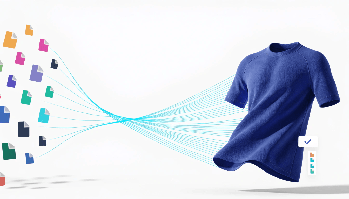 Colorful file icons of different formats streaming into a garment, representing broad file format support.