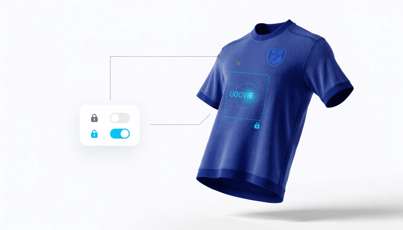 Lock specific design elements so customers personalize within boundaries — team logos stay in place while names and numbers stay editable.