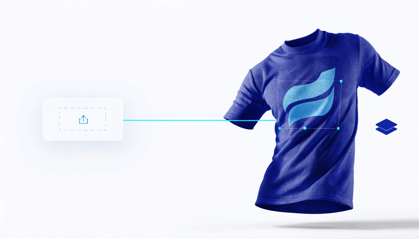 Upload logos and artwork with real-time resizing, alignment, and layering — every element placed with precision on the model.