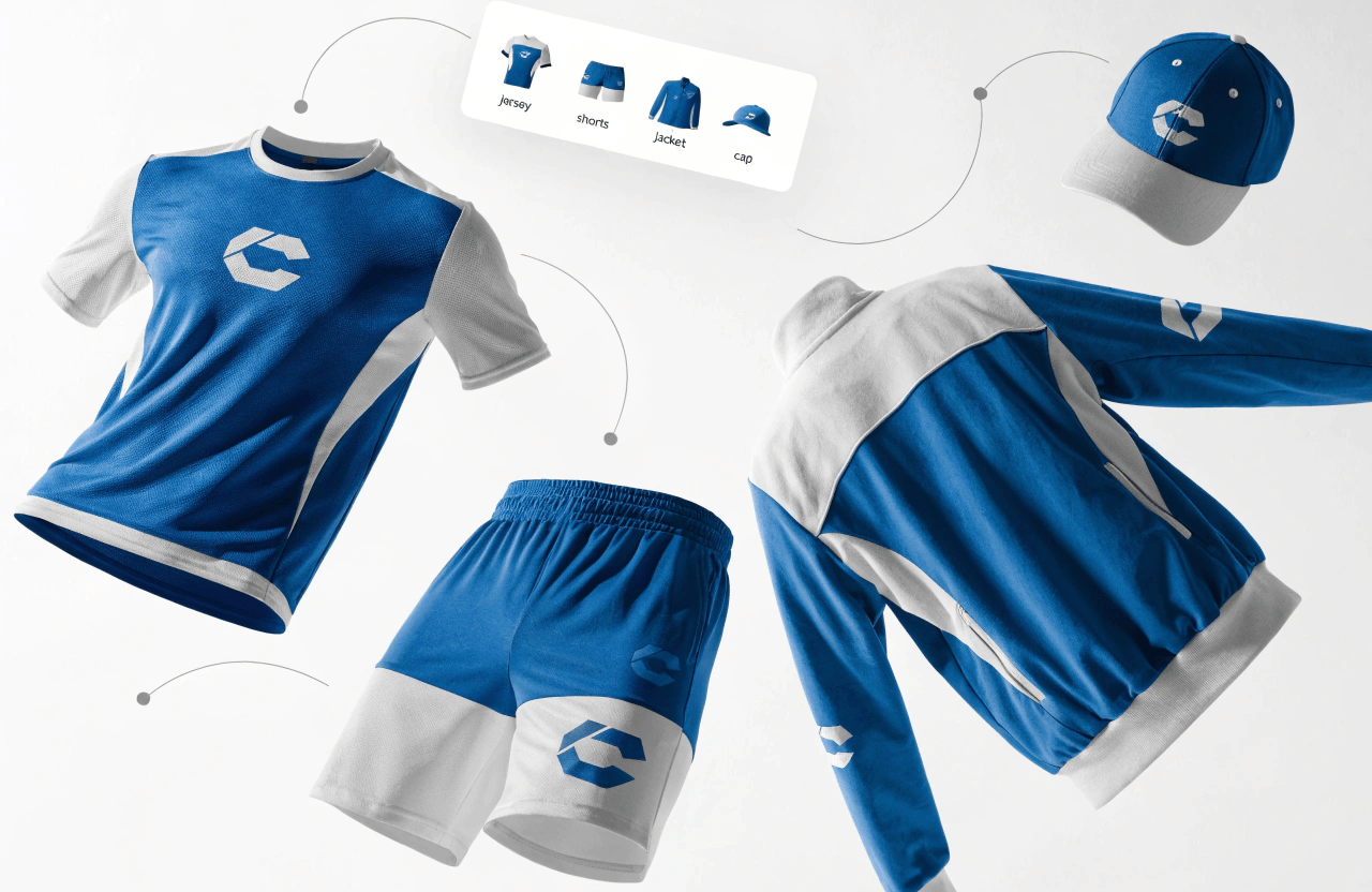 Matching jersey, shorts, jacket, and cap customized with the same logo and colors in a single multi-product session.