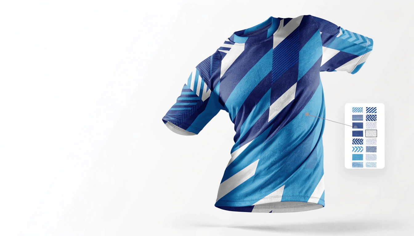 Jersey wrapped in a geometric pattern next to a panel of selectable patterns and textures from the library.
