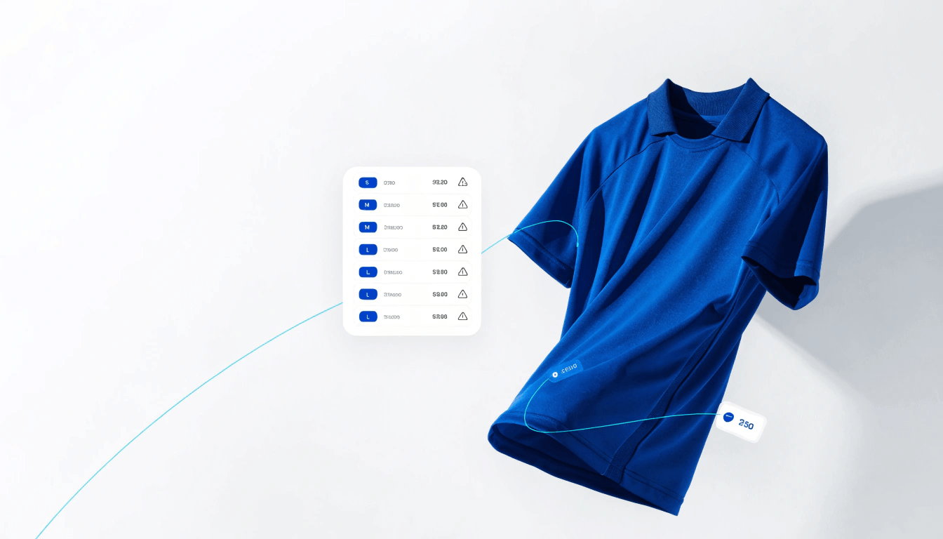 Define product variants, size charts, pricing rules, and production constraints per product — all managed from one interface.