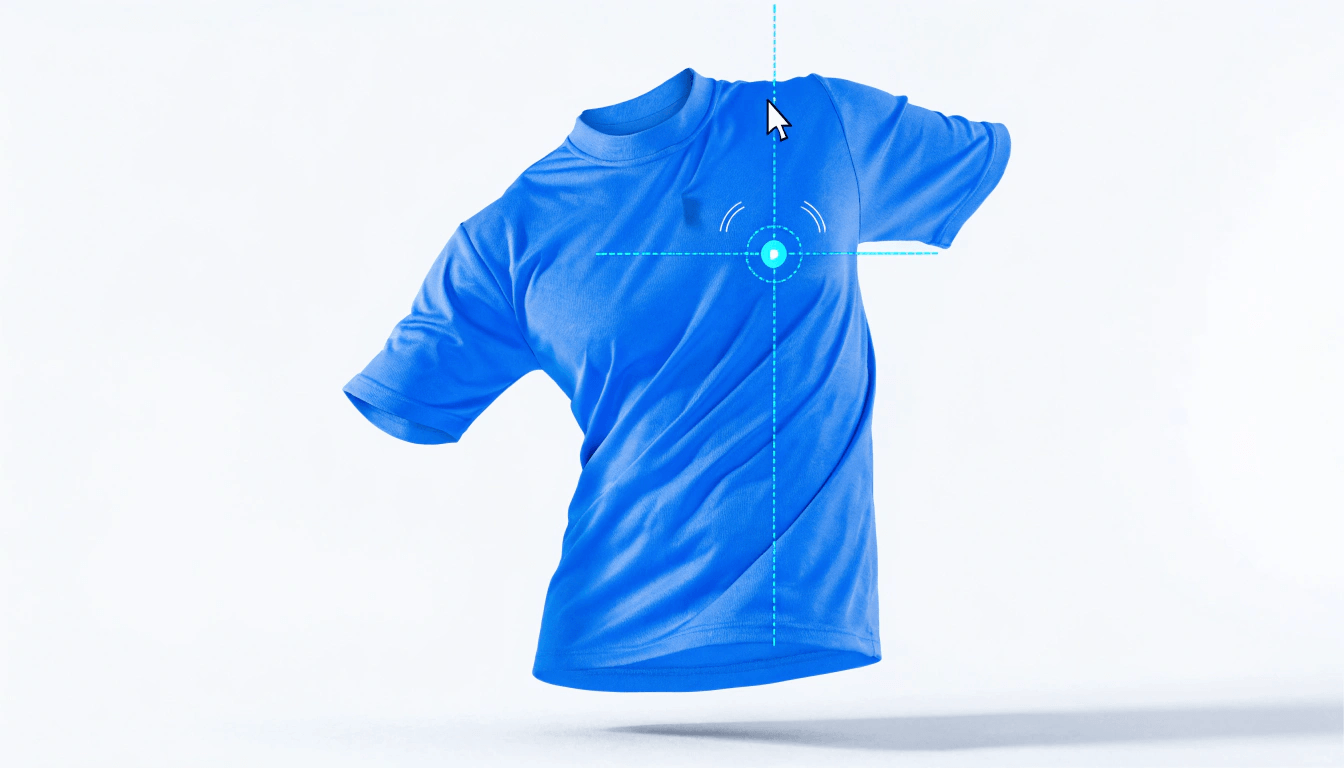 Blue t-shirt in the 3D customizer with crosshair alignment guides centering a design element on the chest.