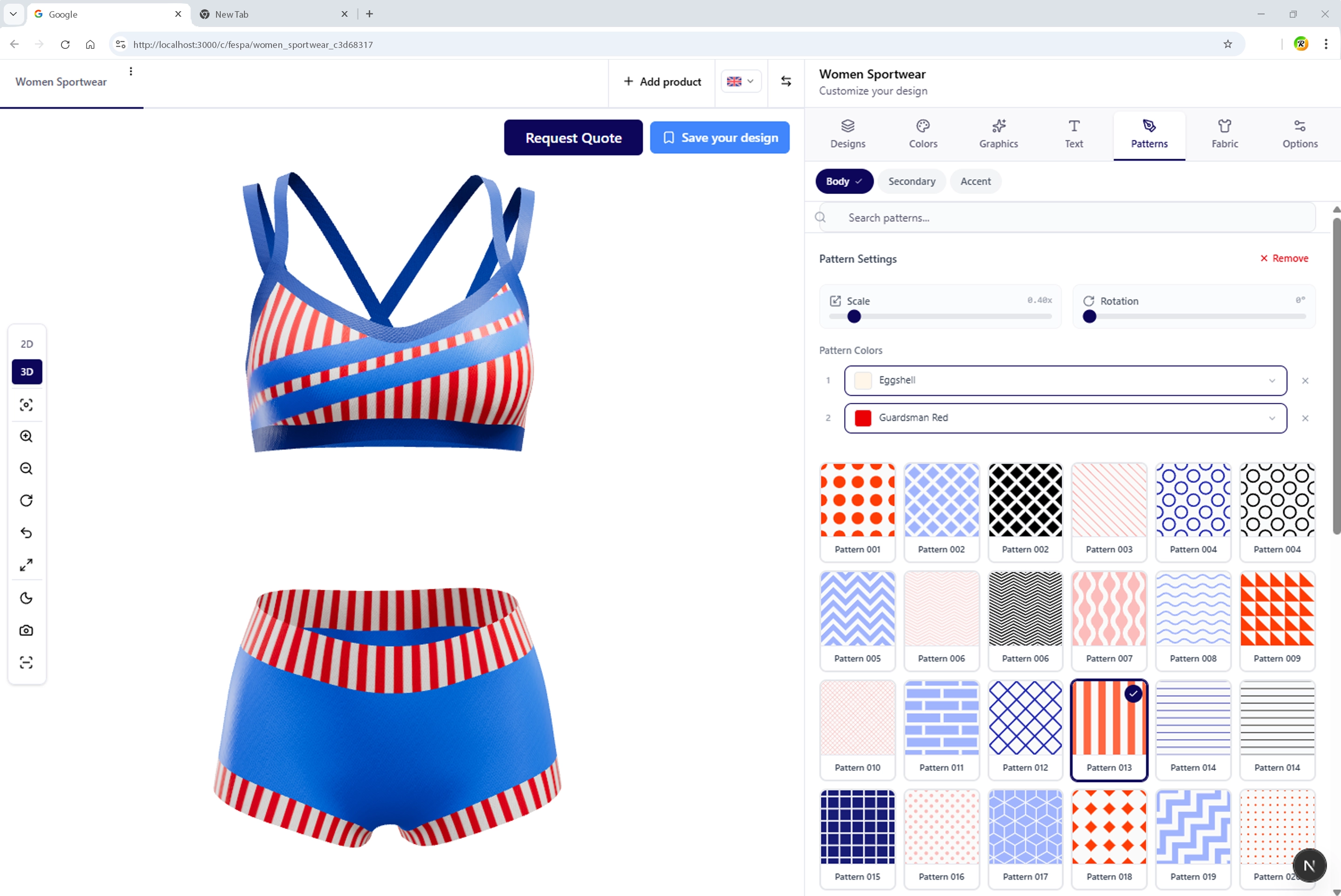 3D packaging model with dieline-mapped print zones and artwork placement