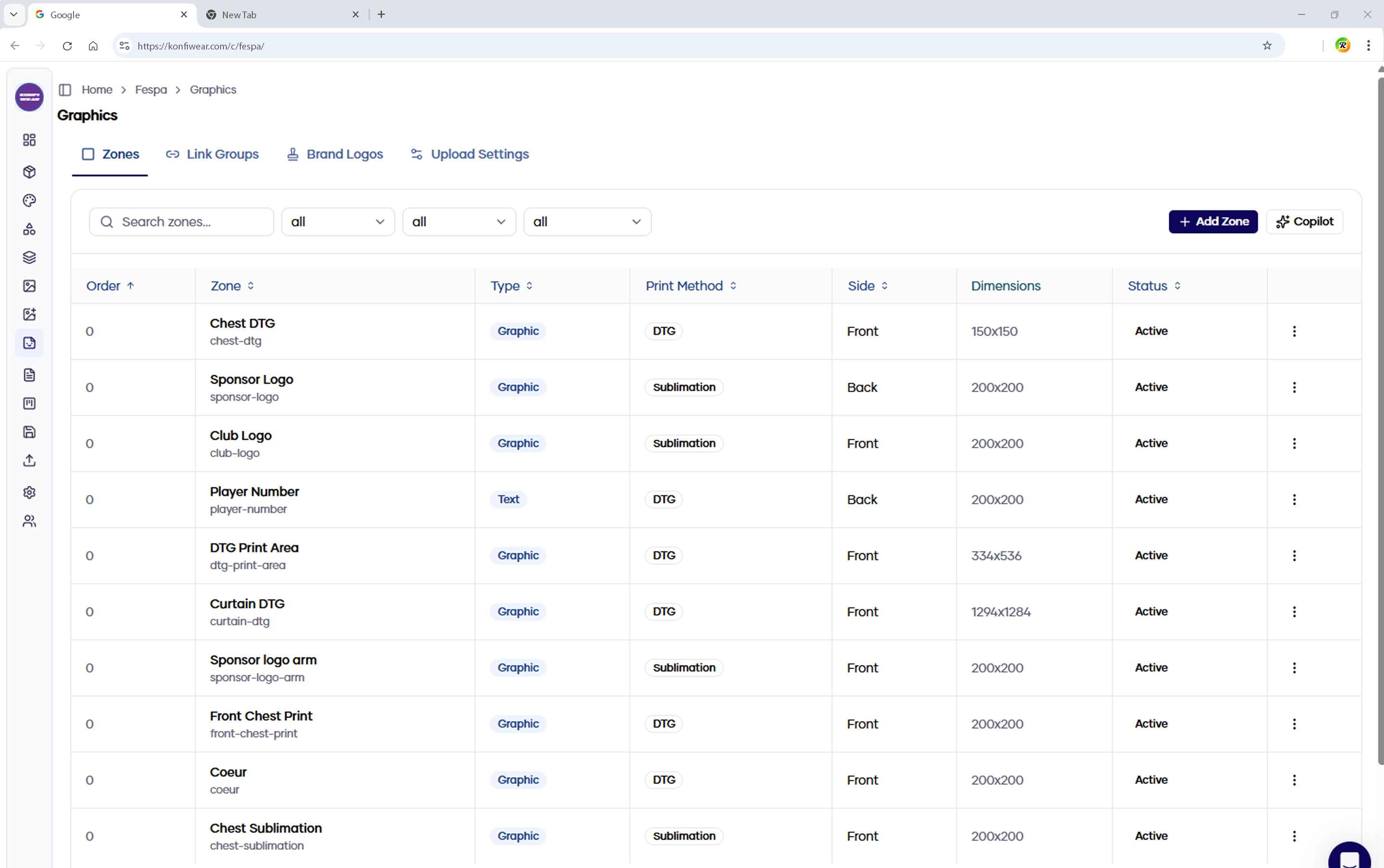 Print-on-demand admin dashboard — print zones and production setup
