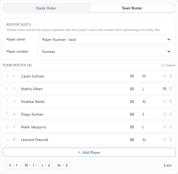 Team roster management for sportswear orders — names, numbers, and sizes