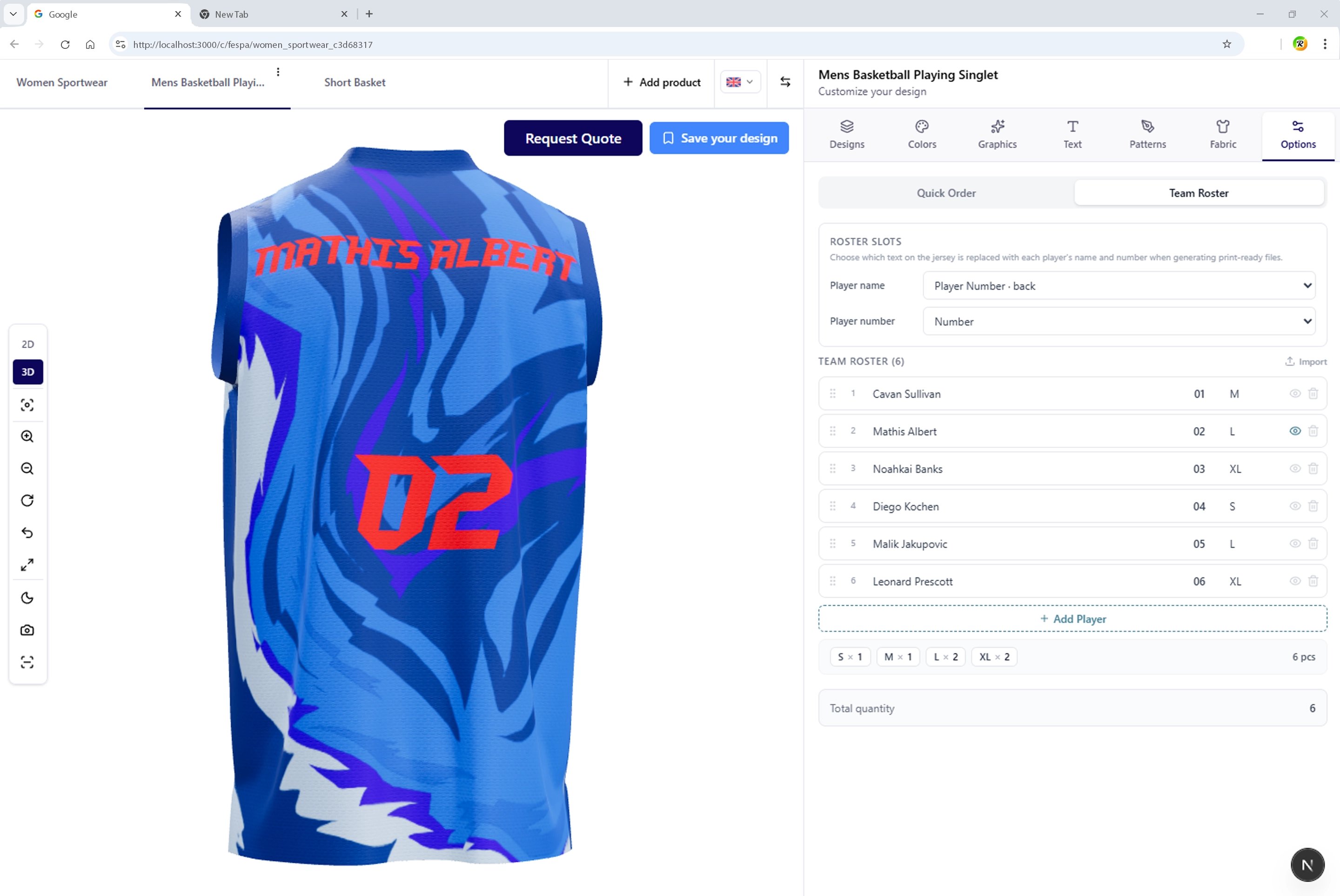 Team roster customizer — squad names, numbers, and sizes collected in the sportswear configurator