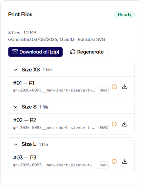 Print-ready SVG files generated for multiple garment sizes