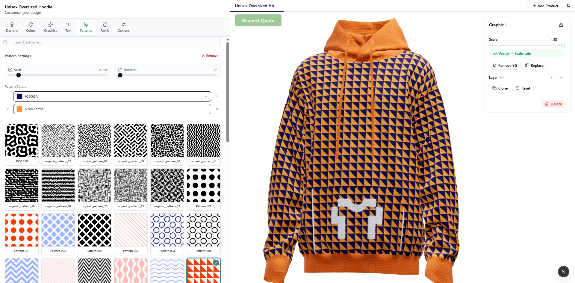 Konfiwear 3D product configurator showing a hoodie with pattern and color controls, sidebar tools, and graphic property panel