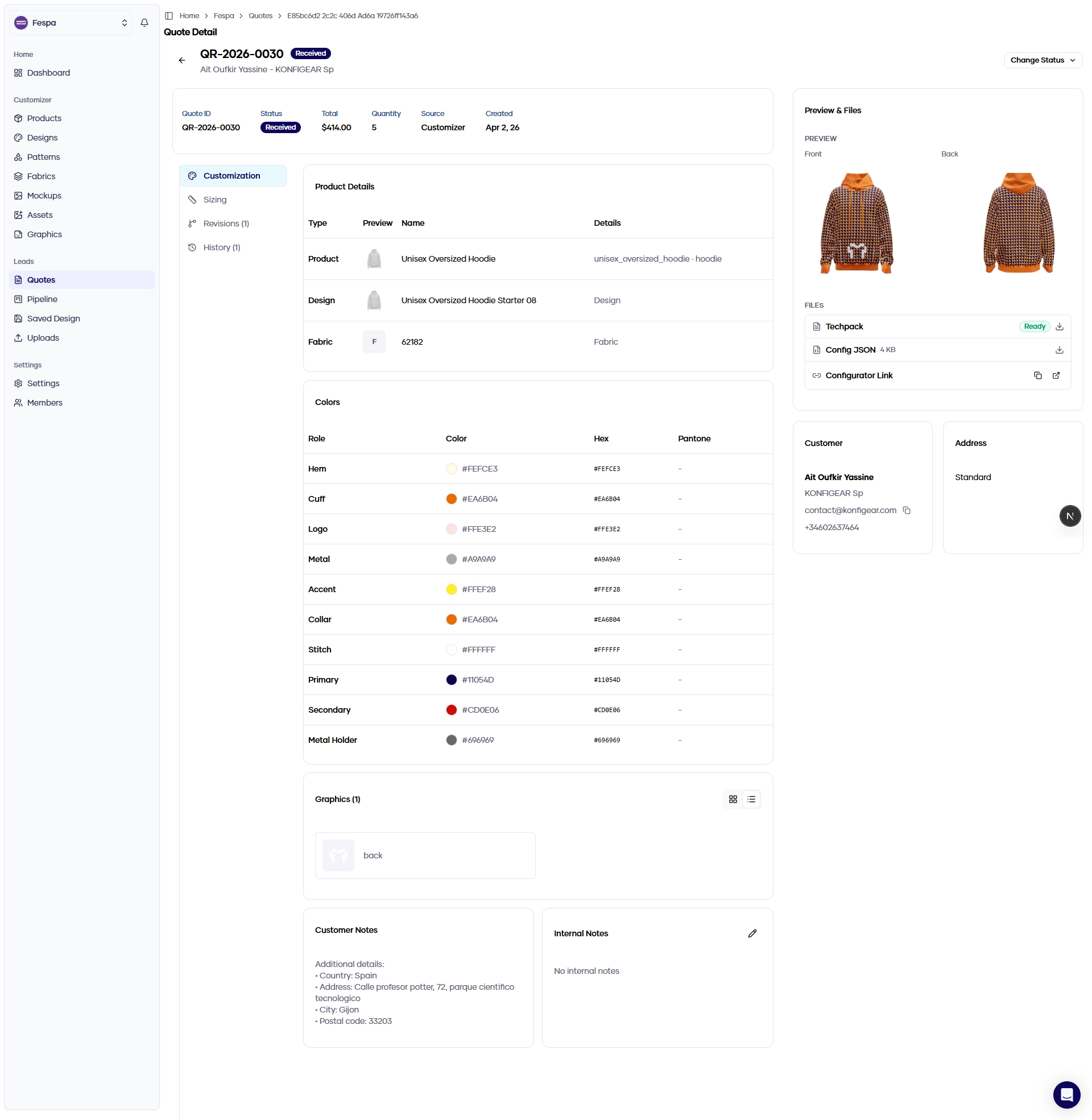Konfiwear quote order detail: line items, pricing breakdown, and approval status in the dashboard