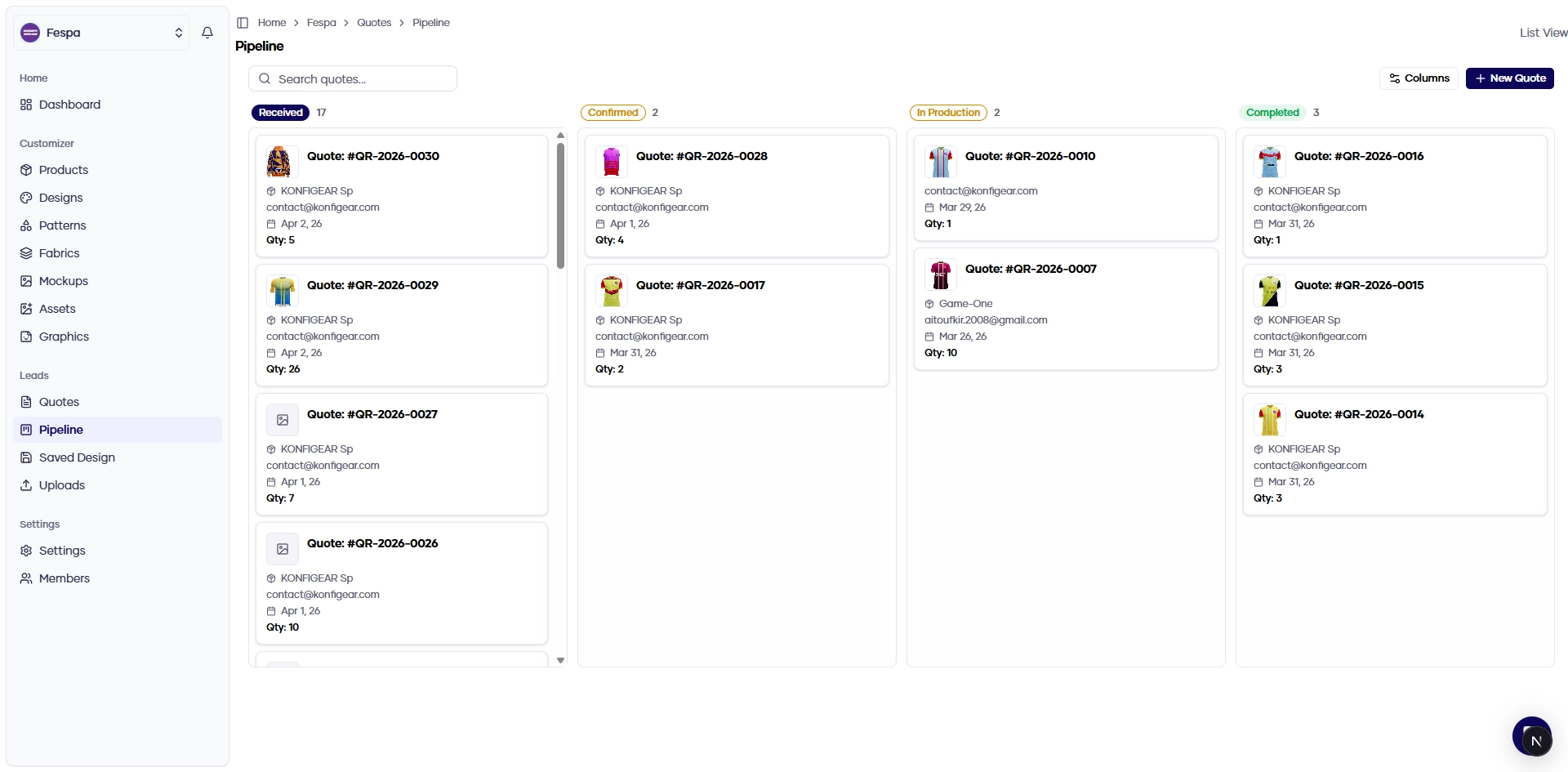 Konfiwear quote pipeline: kanban board with columns for Received, Confirmed, In Production, and Completed, with quote cards and search