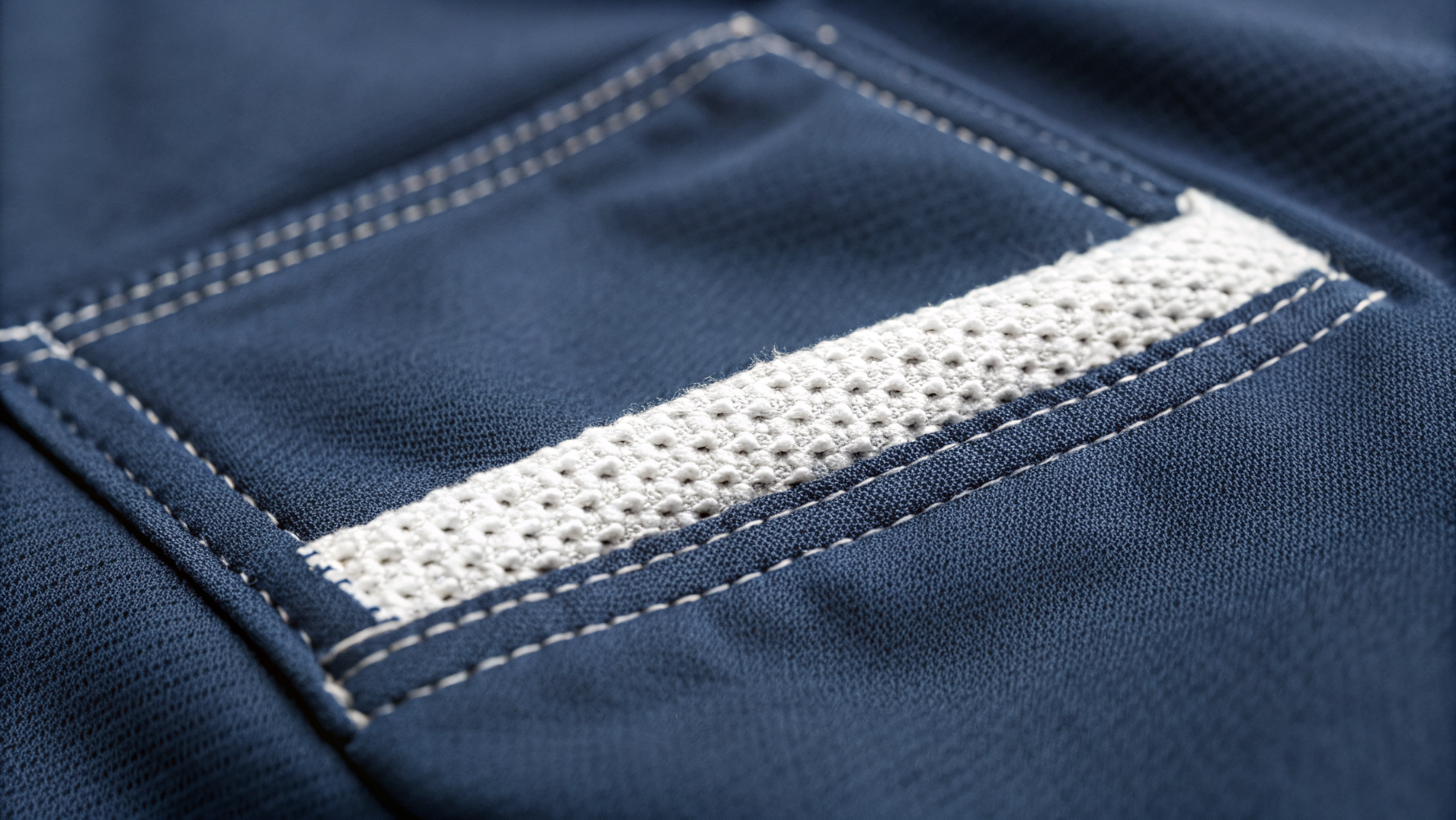 Bartack reinforcement close-up on navy sportswear fabric