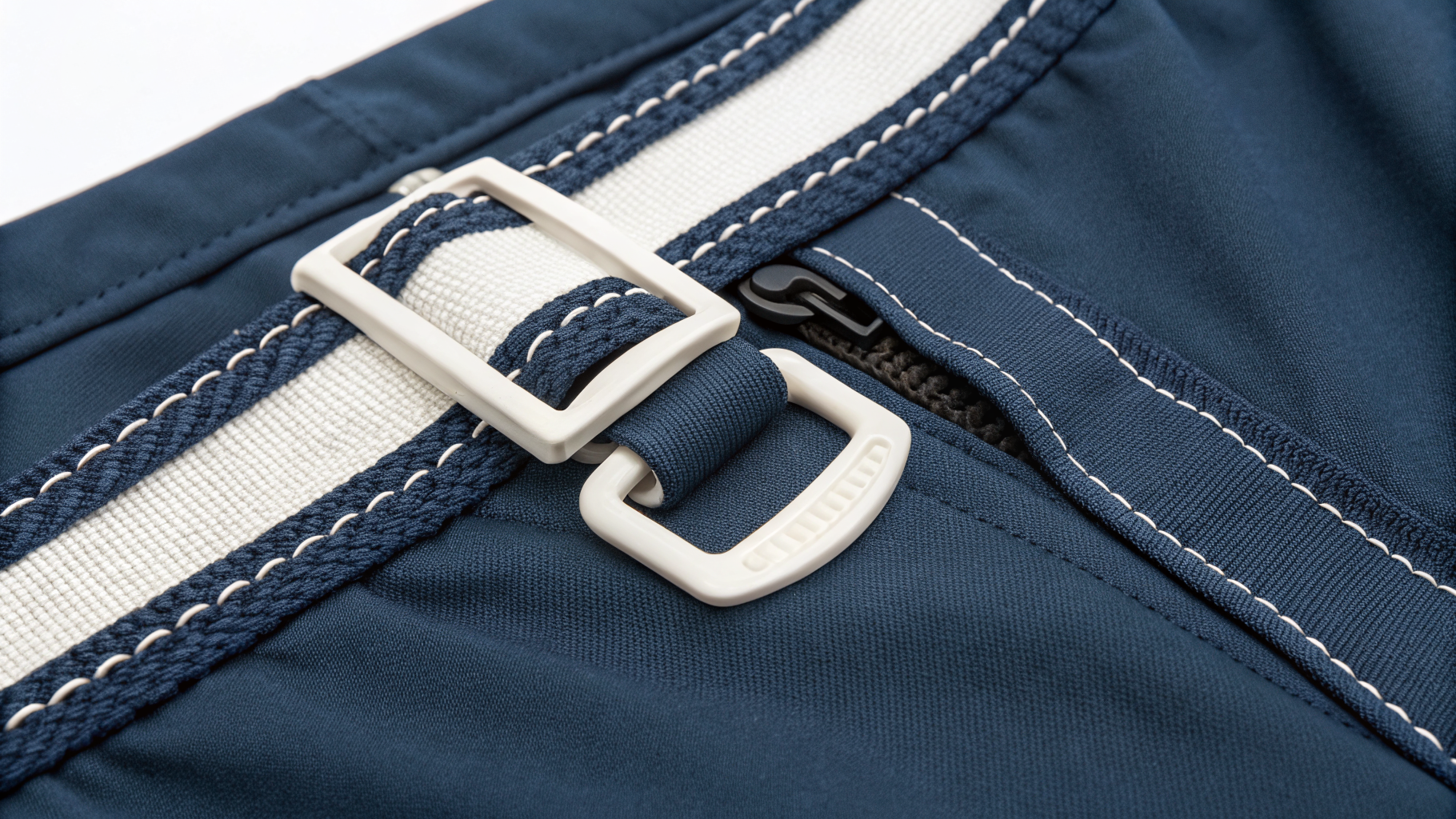 Belt Loop Tack Stitch close-up on navy sportswear fabric