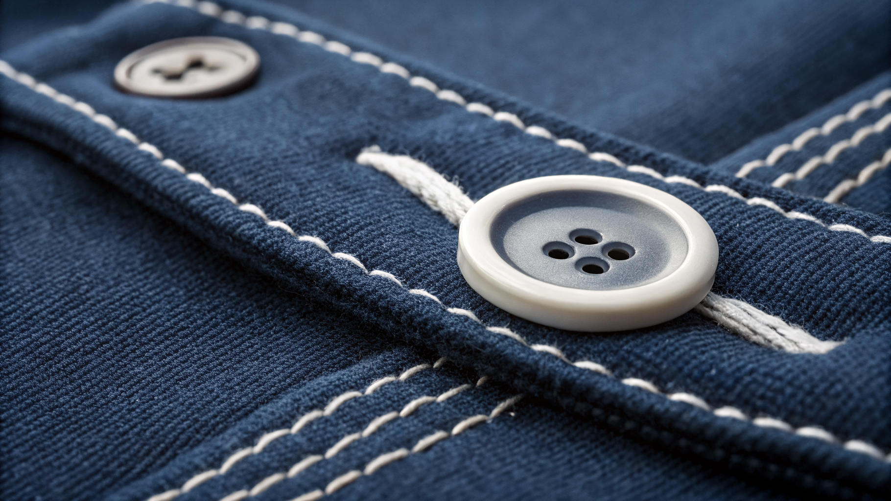 Button Attachment Stitch close-up on navy sportswear fabric