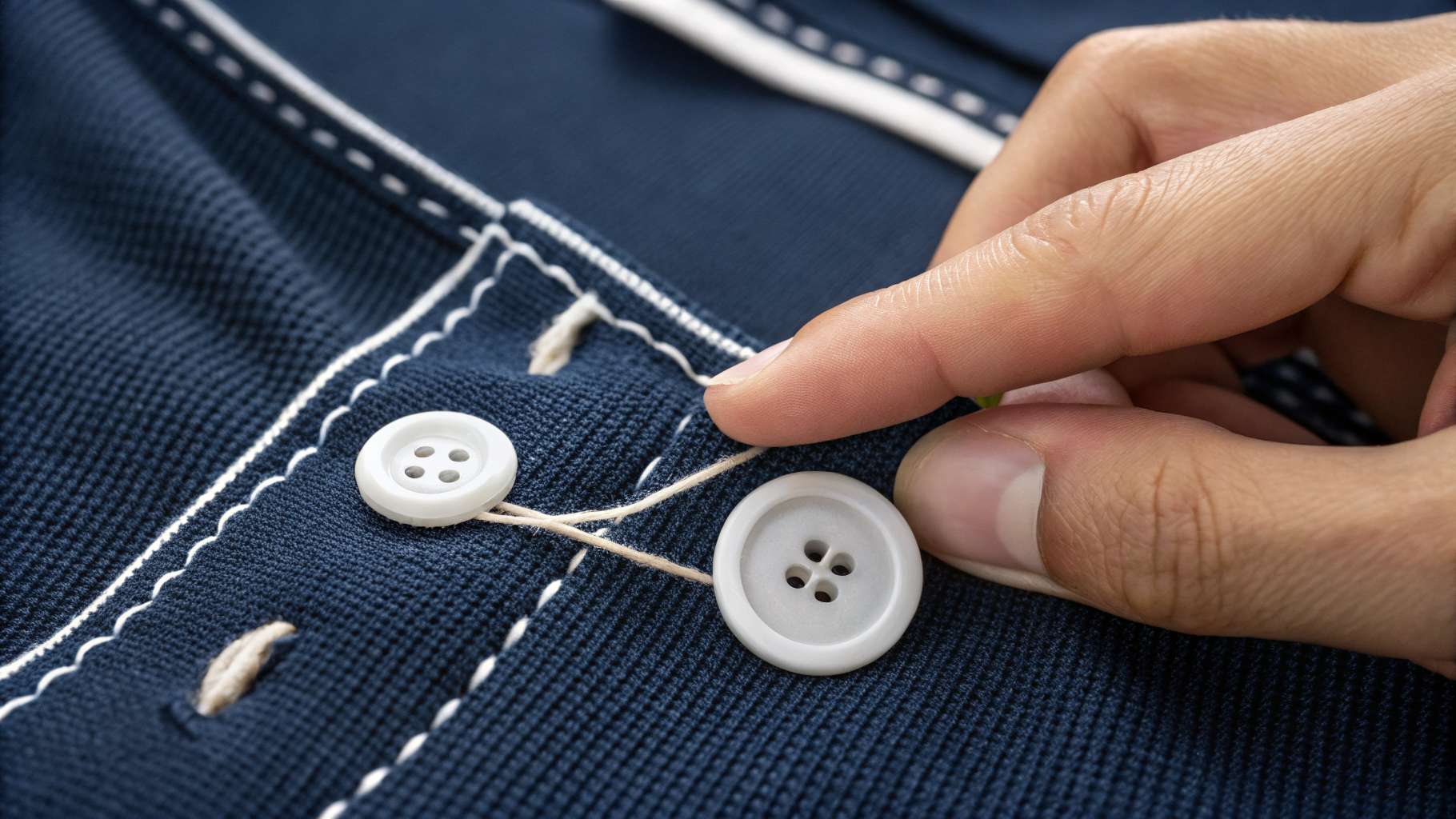 Button-Sew Stitch close-up on navy sportswear fabric