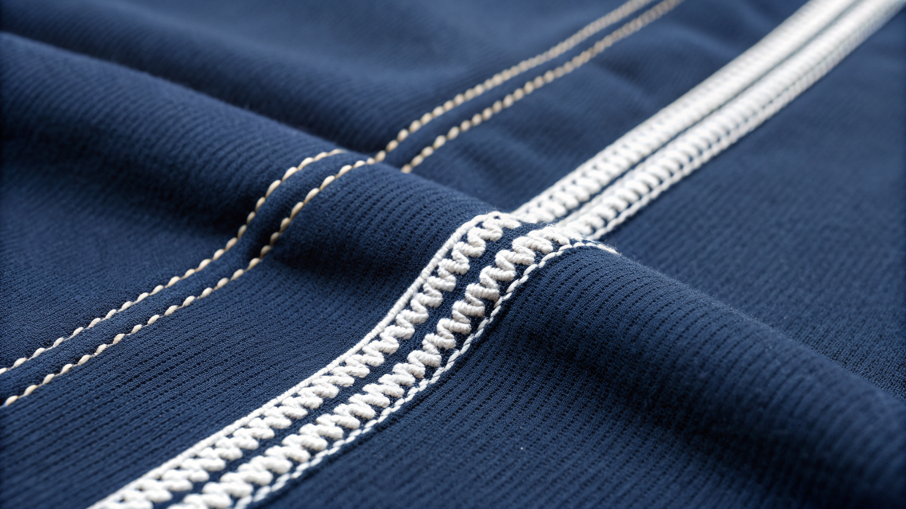 Double-Needle Lockstitch close-up on navy sportswear fabric