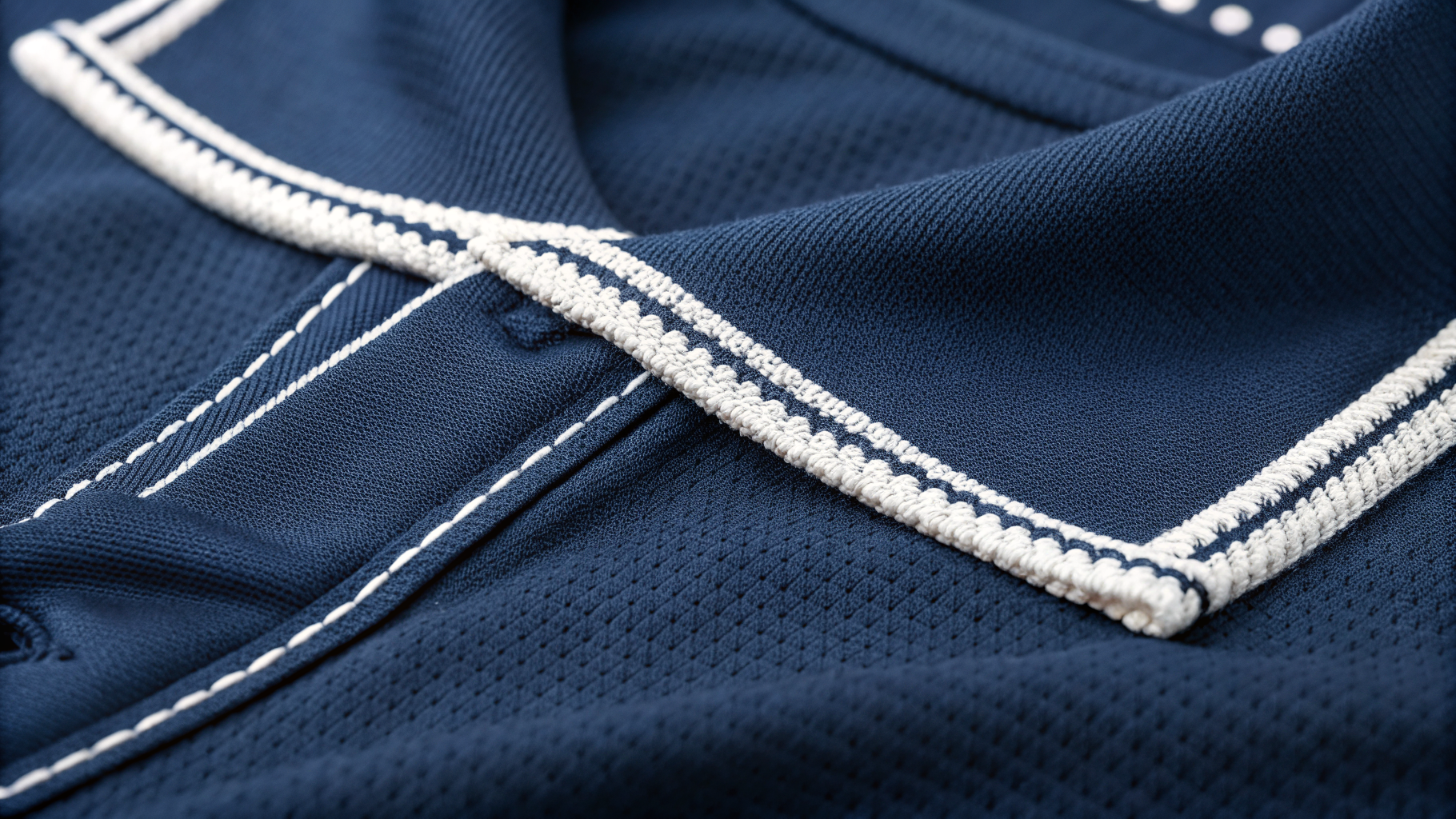 Edge Top Stitch close-up on navy sportswear fabric