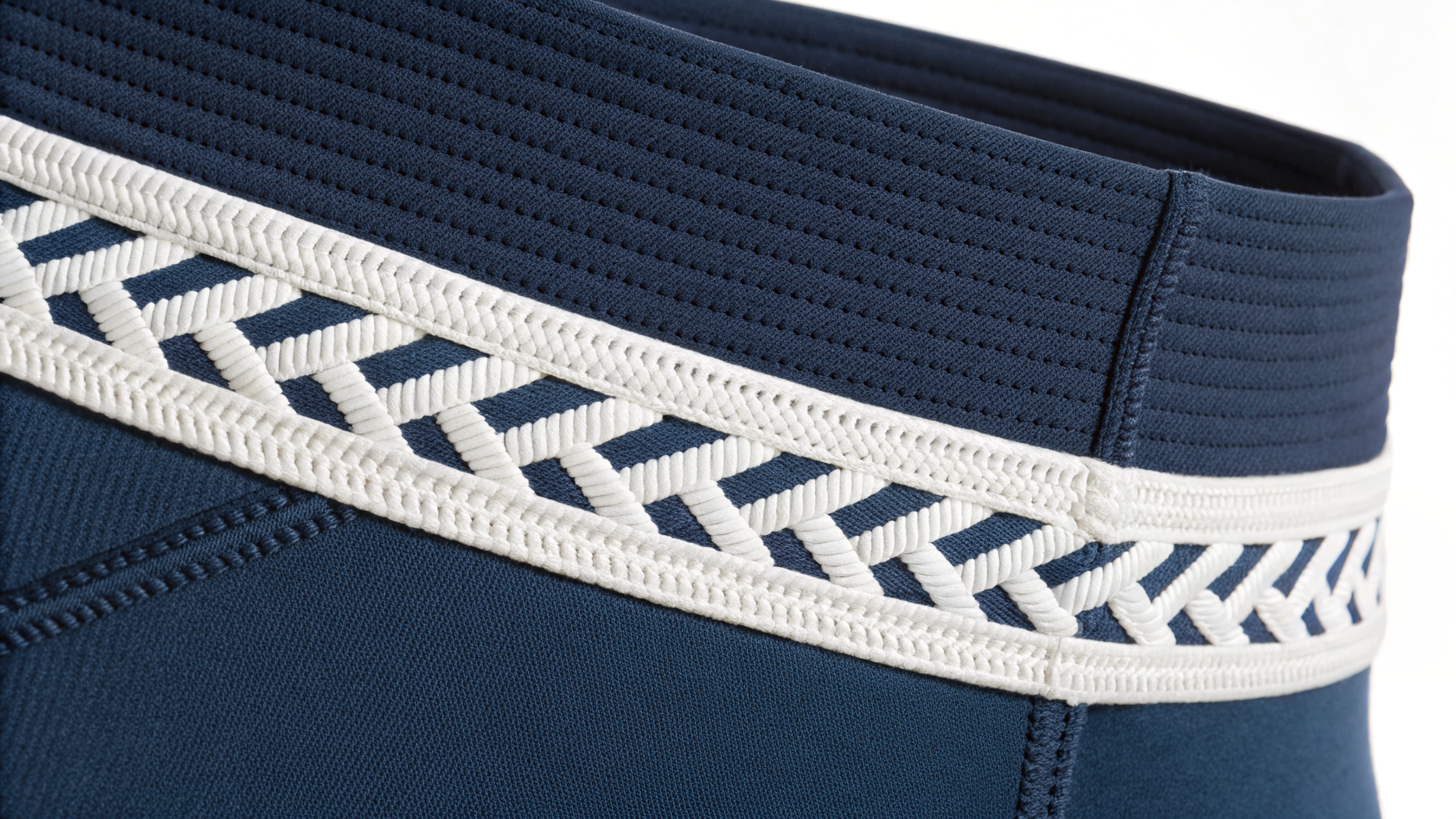 Elastic Application Zigzag close-up on navy sportswear fabric