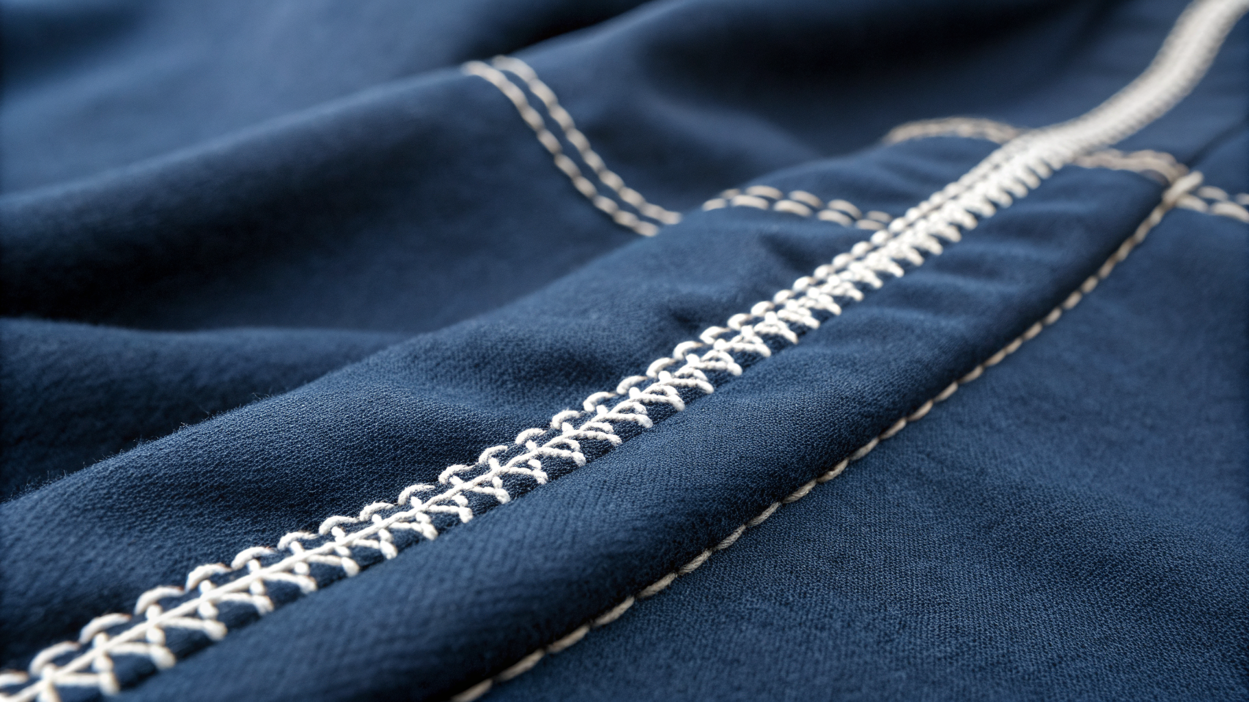 Five-Thread Safety Stitch close-up on navy sportswear fabric