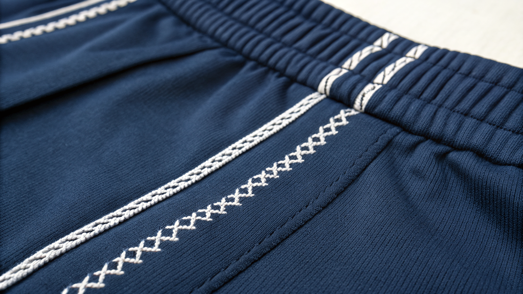 Multi-Needle Chainstitch close-up on navy sportswear fabric