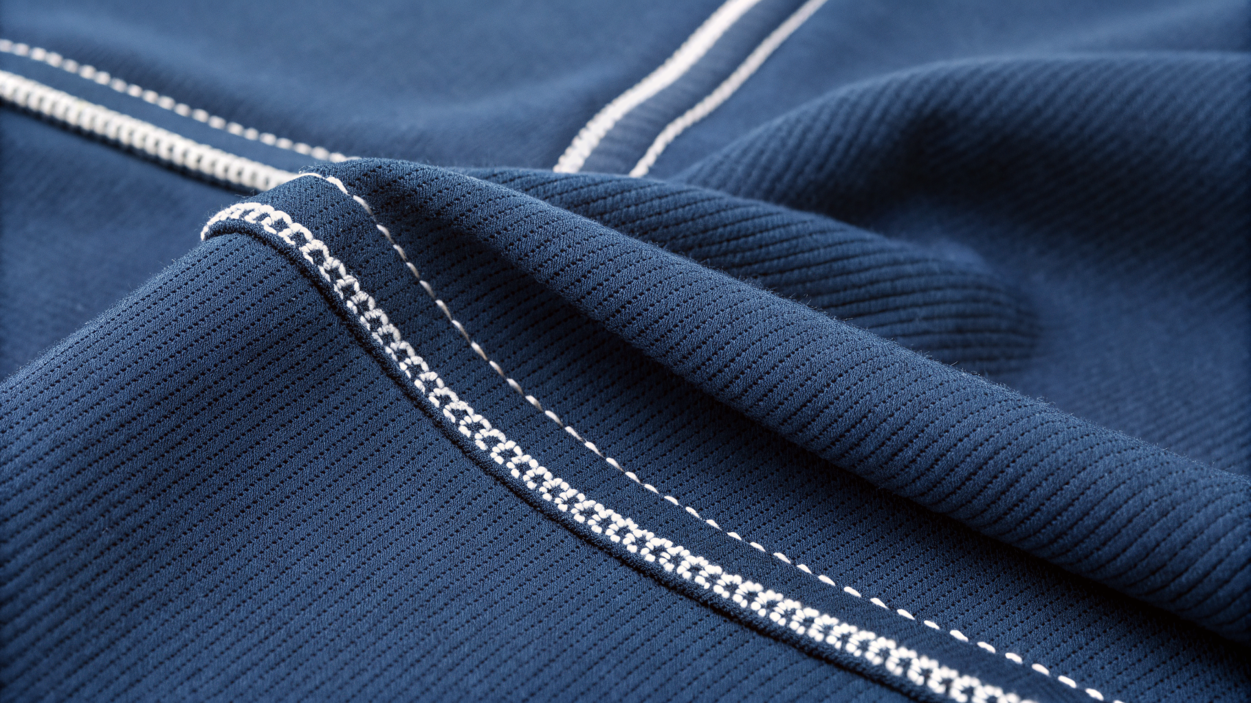 Single-Needle Lockstitch close-up on navy sportswear fabric