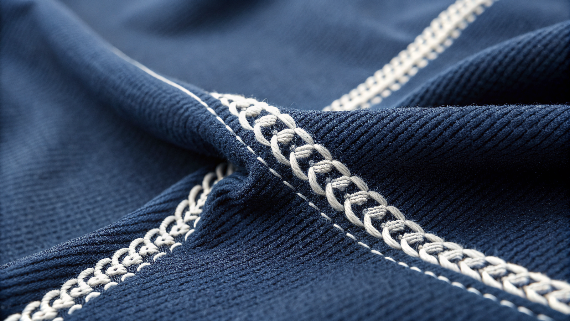 Two-Thread Chainstitch close-up on navy sportswear fabric