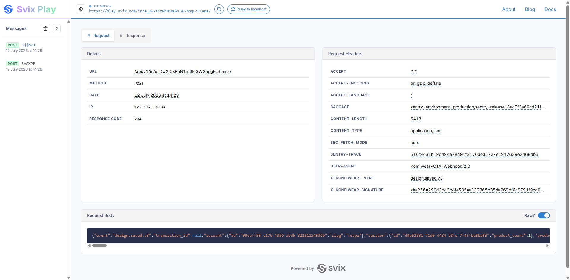 Webhook debugger showing a design.saved.v3 delivery with Konfiwear event and signature headers and the JSON request body