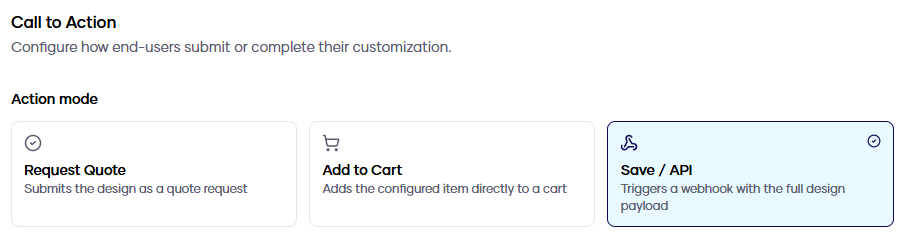 Konfiwear Call to Action settings with the Save / API action mode selected